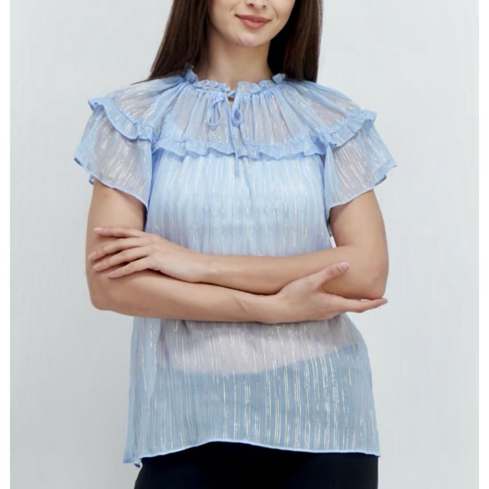 INC Women's M NWT Light Blue Ruffle Bib Collar Short Sleeve Sheer Top New